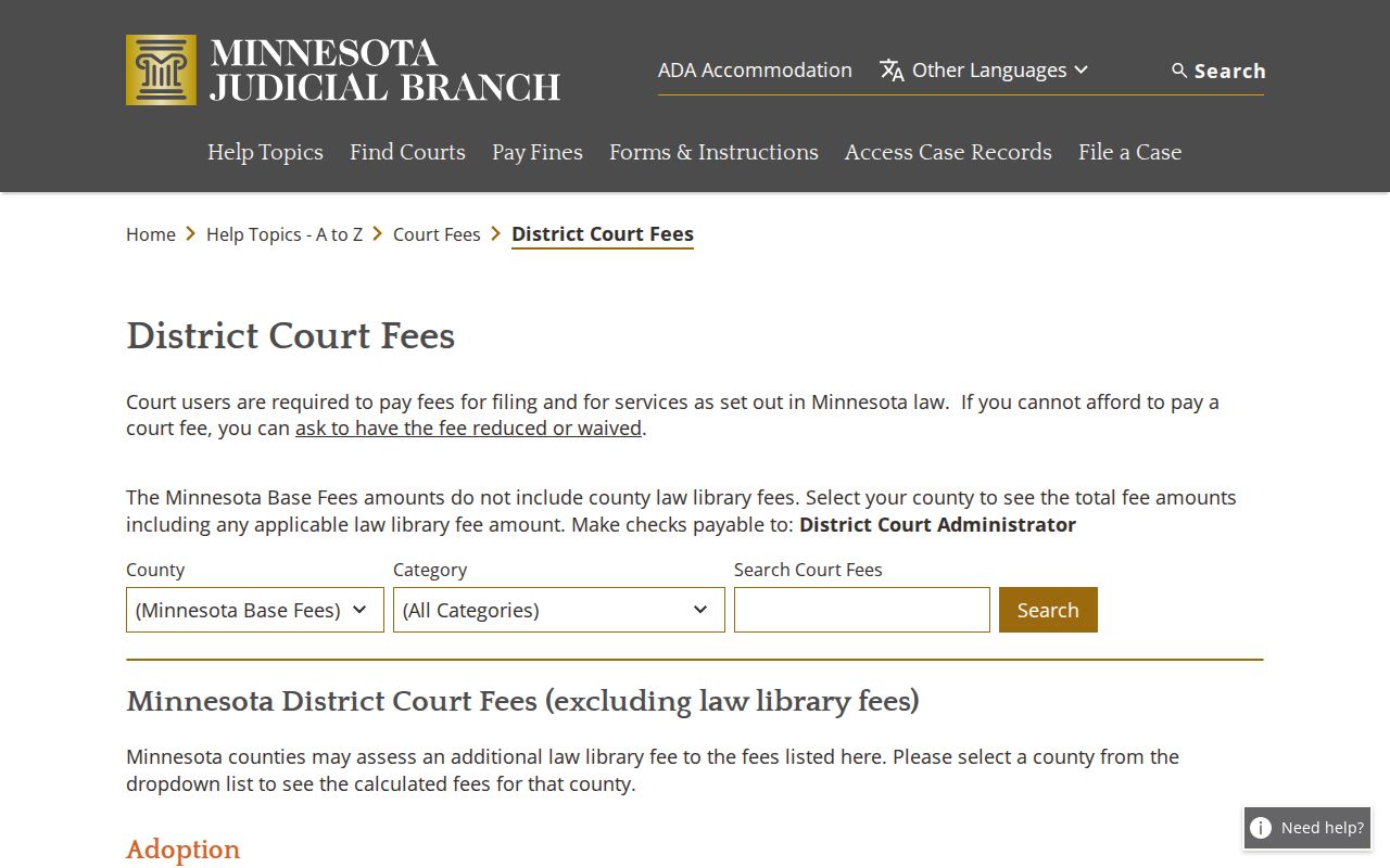 Steele County civil docket Minnesota District Court fee selector