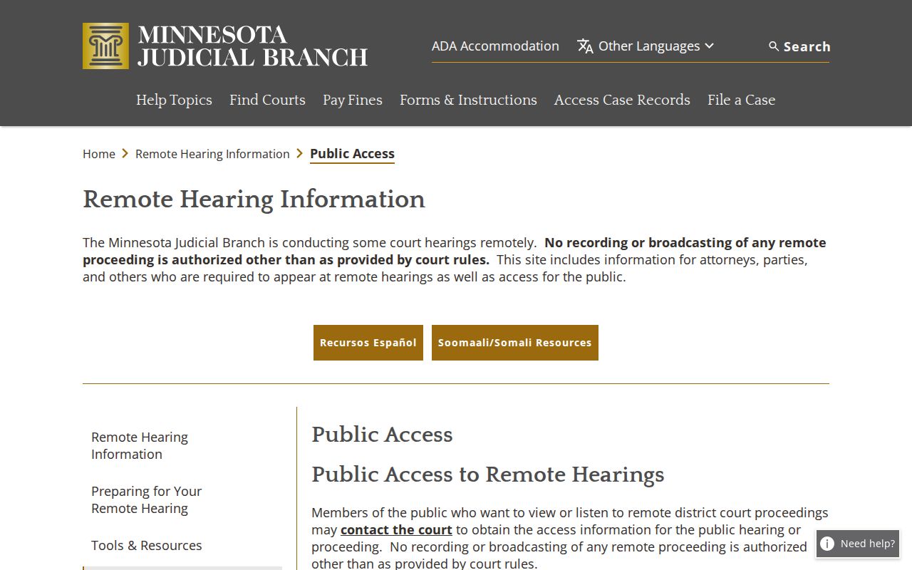 Steele County court calendar remote hearing public access information